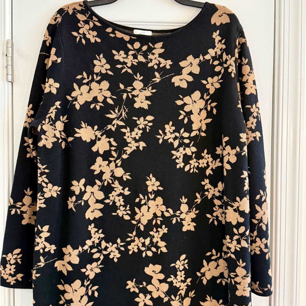 J. Jill Floral Jacquard Sweater Dress Women’s L Petite Black Tan Knit Fall - Picture 2 of 8